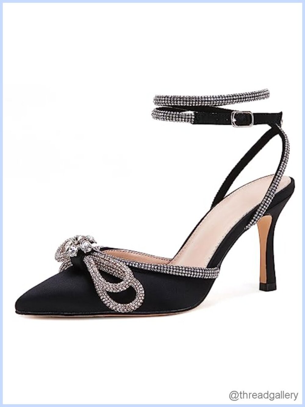 VETASTE Satin Double Bow Pointed Toe Ankle Strap Crystal Stiletto Heeled Sandals